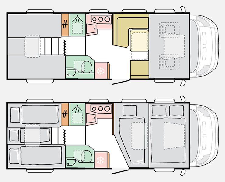 Notranja razporeditev avtodoma Adria Coral XL Plus 660 SL Avtomatski menjalnik