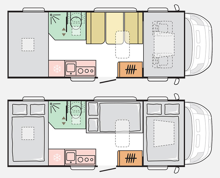 Notranja razporeditev avtodoma Adria Coral XL 600 DP PLUS